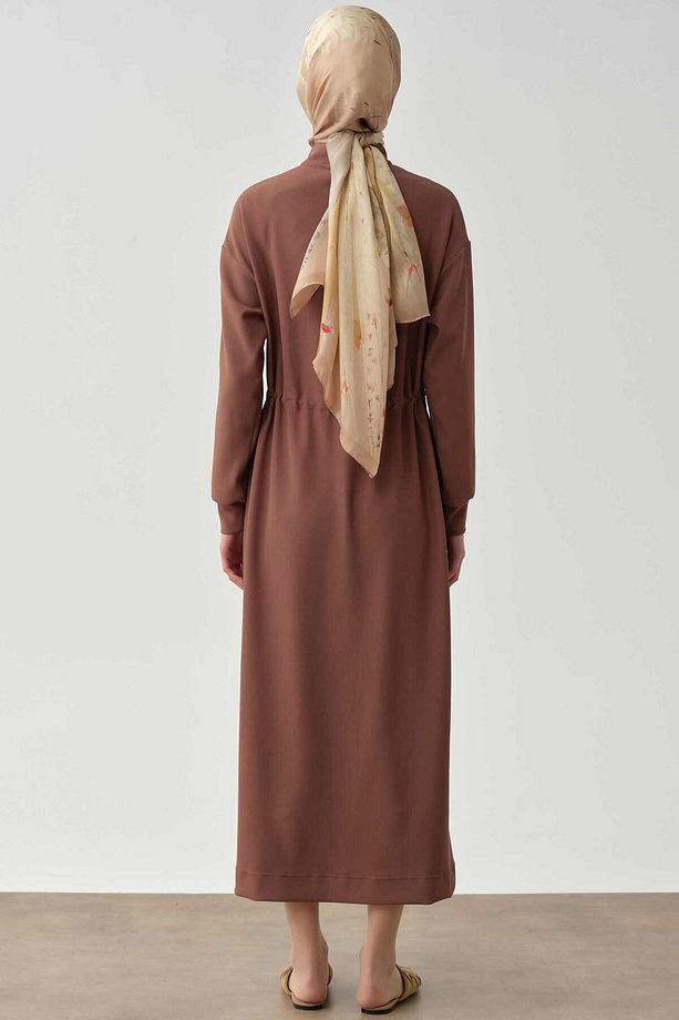Bel Bağcıklı Örme Elbise - Kahve - 6