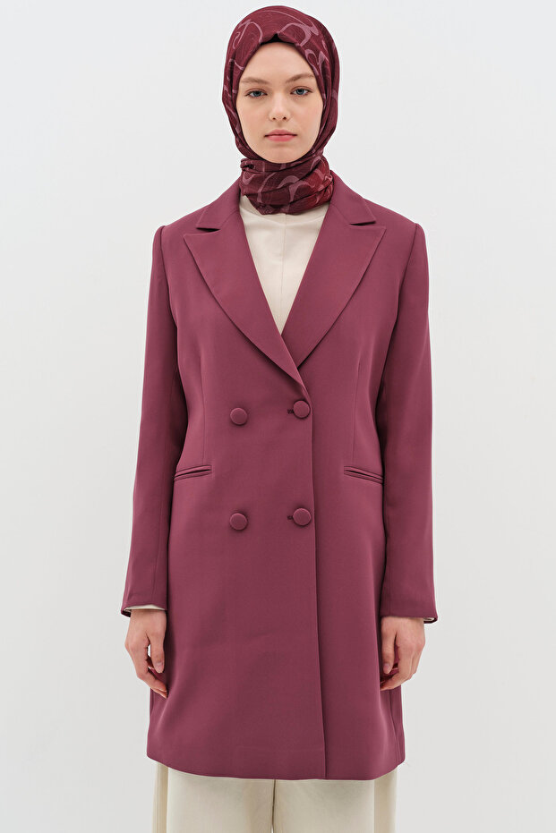 Kruvaze Düğmeli Uzun Basic Ceket - Mürdüm - 3