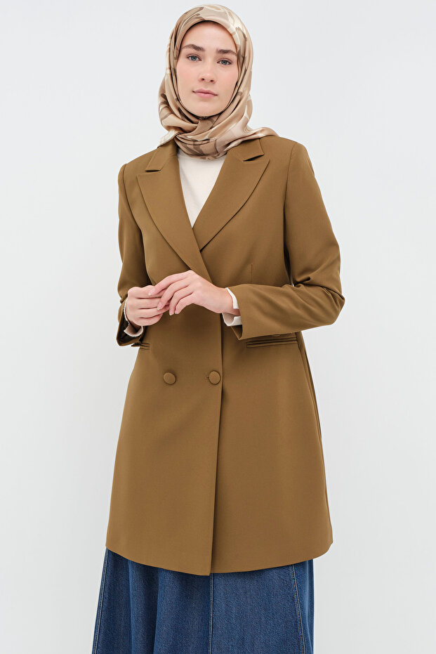 Kruvaze Düğmeli Uzun Basic Ceket - Olive - 2