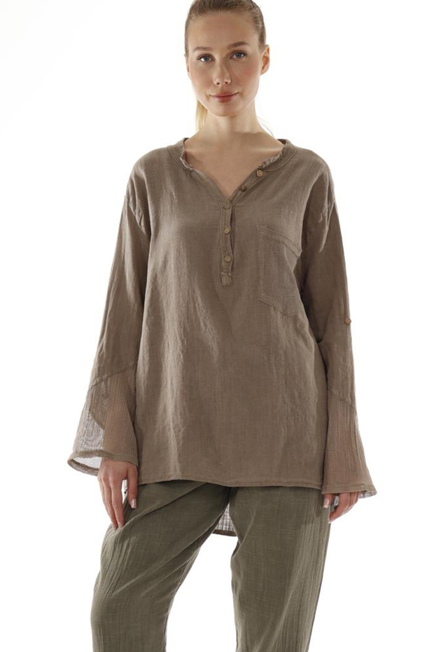 Women's Brown Pocket Sleeve and Back Mesh Detailed Foldable Sleeve Cotton Linen Blouse