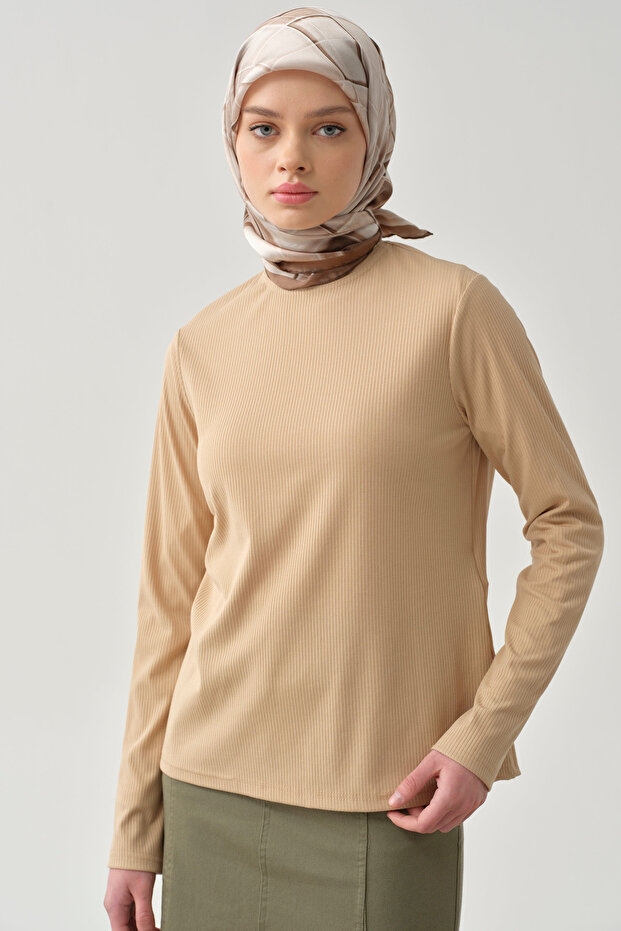 Balıkçı Yaka Örme Bluz - Bej - 3