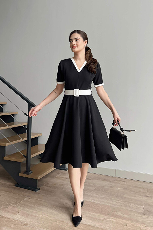 V-Neck Double Color Midi Belted Black and White Dress