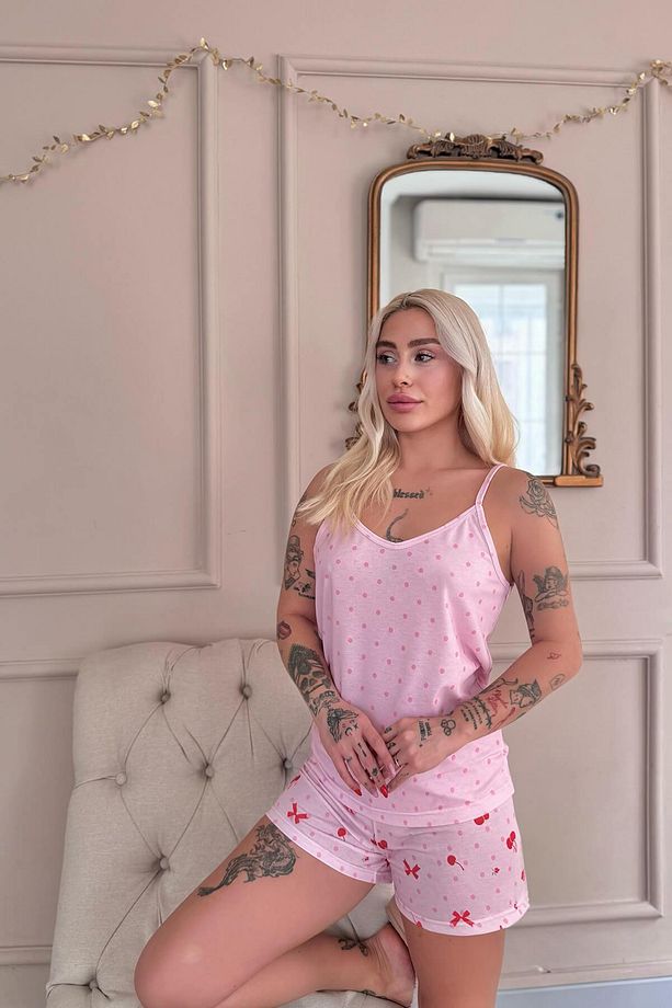 Açık Pembe Cherry Desenli İp Askılı Şortlu Kadın Pijama Takımı - 4