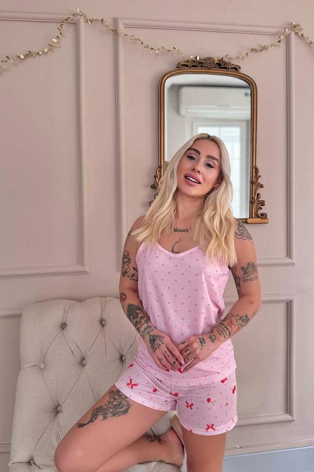 Açık Pembe Cherry Desenli İp Askılı Şortlu Kadın Pijama Takımı - 5