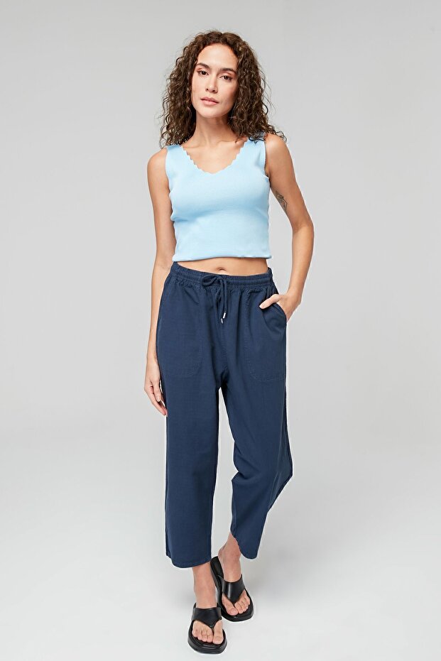 Women's Light Navy Blue Carrot Fit Ankle Length Linen Trousers - Cotton, Summer Monaha