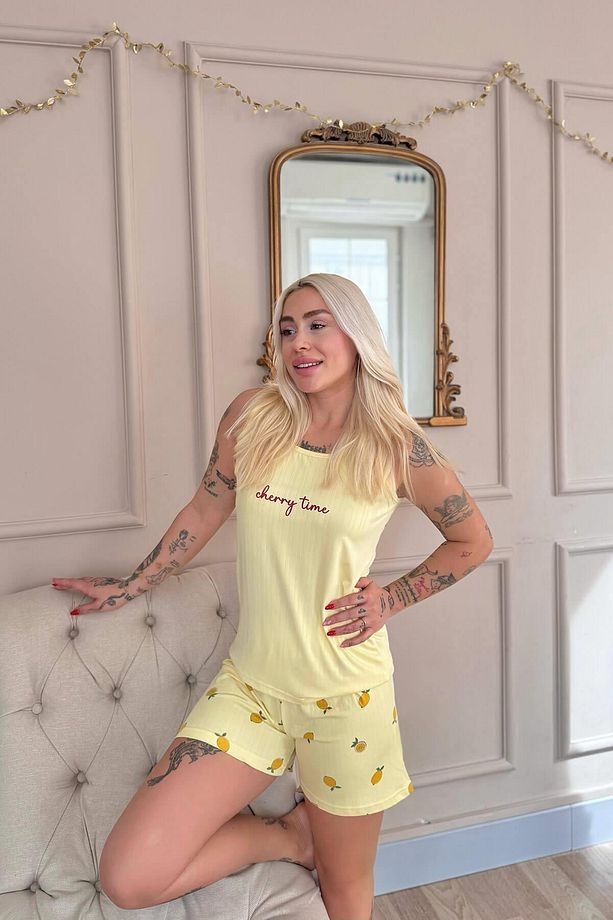 Sarı Time Desenli Şortlu Marlenka Kadın Pijama Takımı - 4