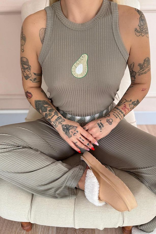 Haki Avocado Verde Desenli Örme Sıfır Kol Kadın Pijama Takımı - 6