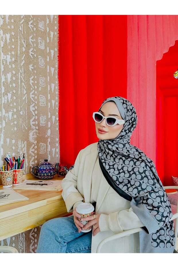 C Pattern Silk Cashmere Double Sided Shawl - Gray