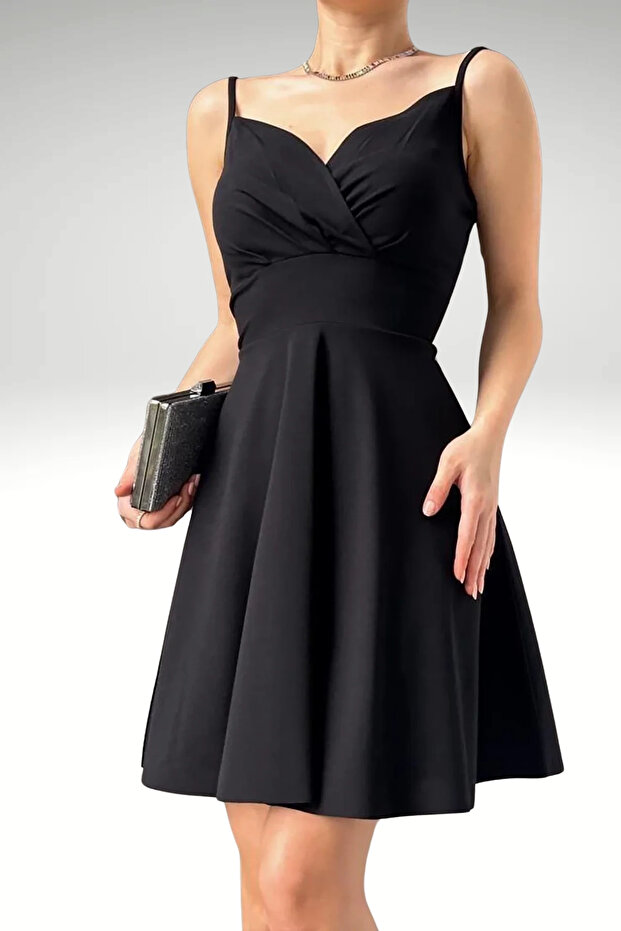 Crepe Fabric Thin Strap Flared Dress