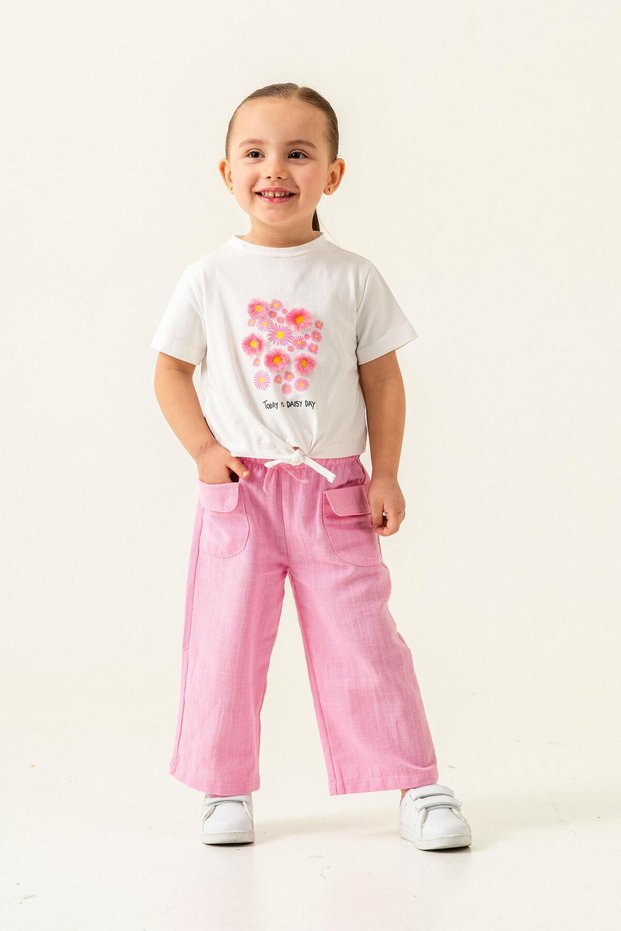 Girl's White Floral Printed T-Shirt and Pink Linen Pants Set