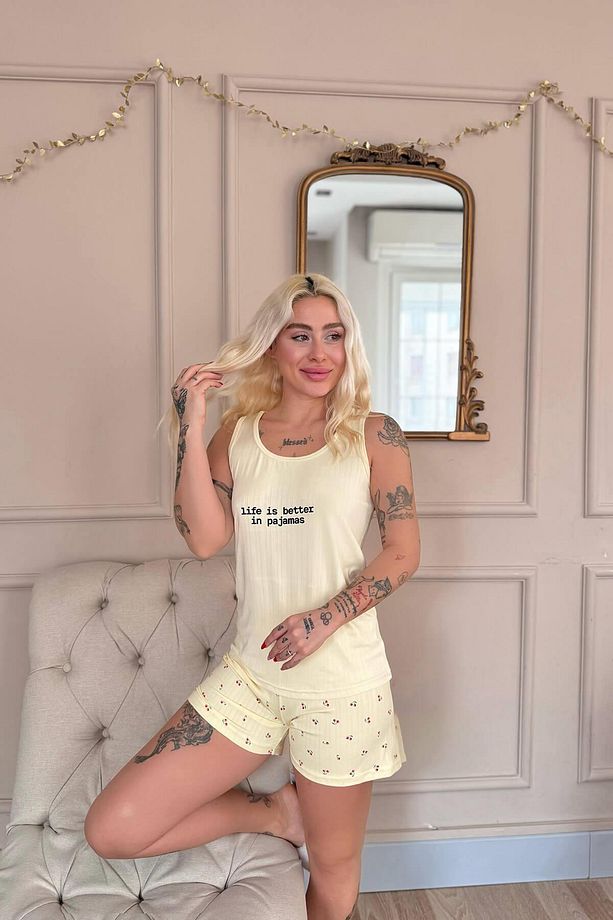 Vanilya Cherry Desenli Şortlu Marlenka Kadın Pijama Takımı - 5