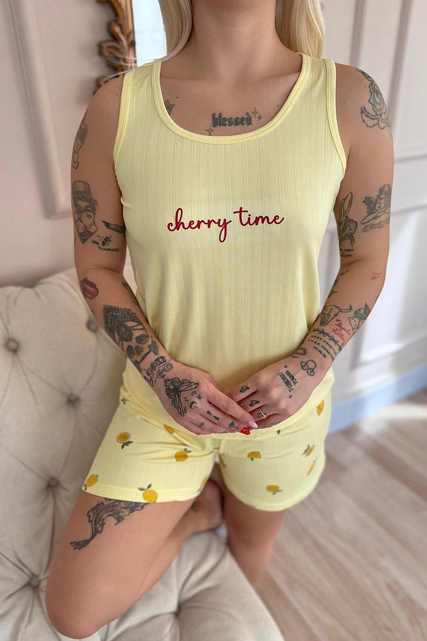 Sarı Time Desenli Şortlu Marlenka Kadın Pijama Takımı - 6