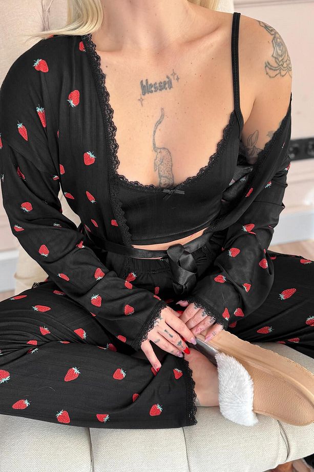 Siyah Noir Fraise Desenli Sabahlıklı Marlenka Pijama Takımı - 5