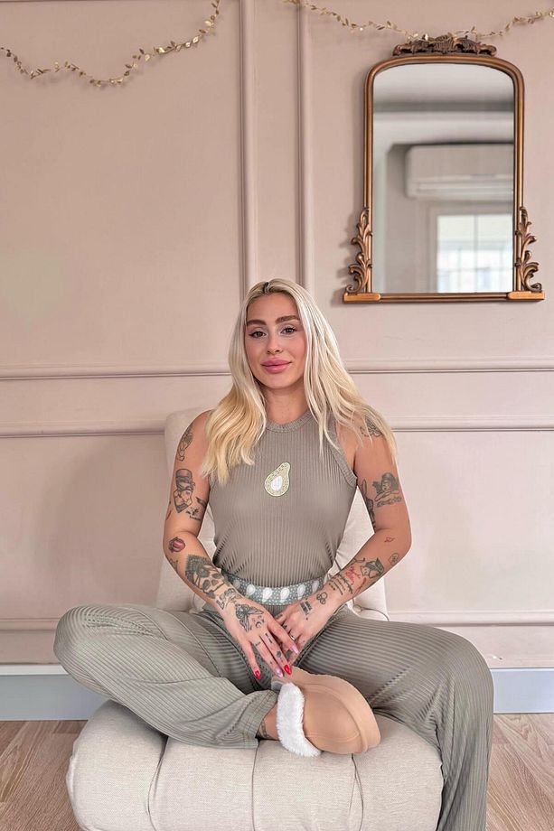 Haki Avocado Verde Desenli Örme Sıfır Kol Kadın Pijama Takımı - 3