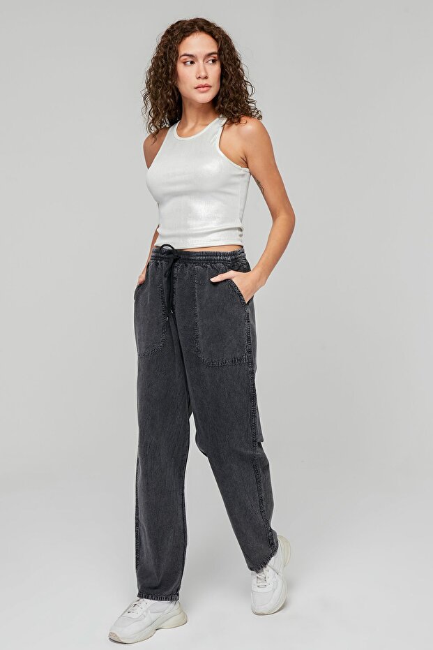 Women's Anthracite Wide Leg Linen Trousers - Cotton, Washed Monaha