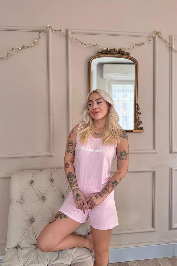 Pembe Pillow Talk Desenli Şortlu Marlenka Kadın Pijama Takımı - 5