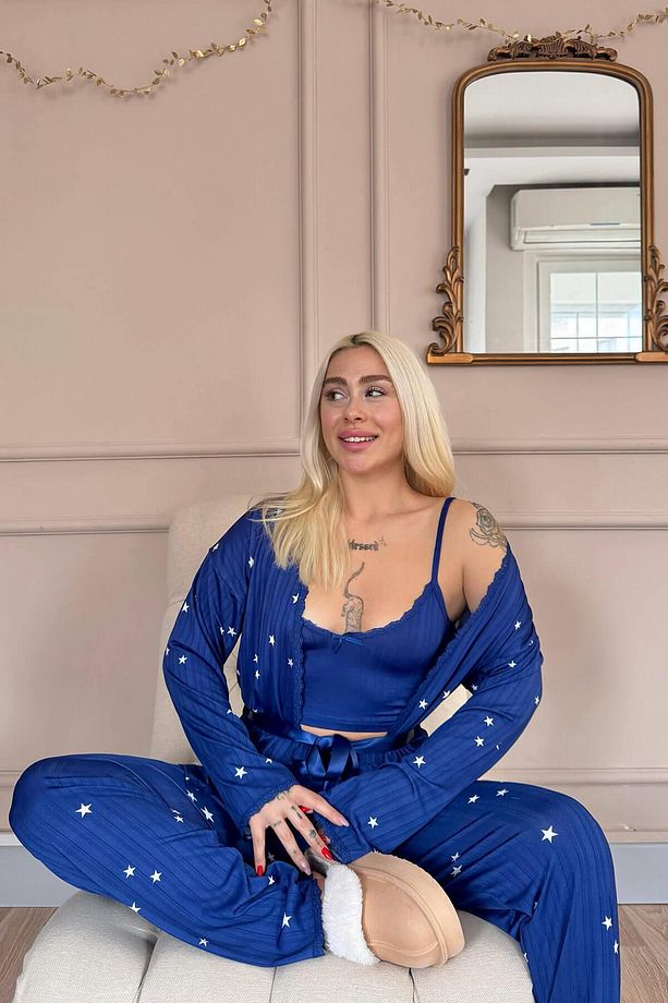 Gece Mavisi Nuit Stellaire Desenli Sabahlıklı Marlenka Pijama Takımı - 2