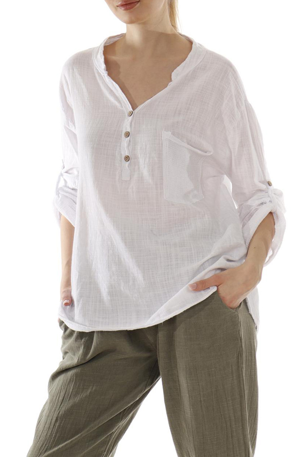 Women's White Pocket Sleeve and Back Mesh Detailed Foldable Sleeve Cotton Linen Blouse
