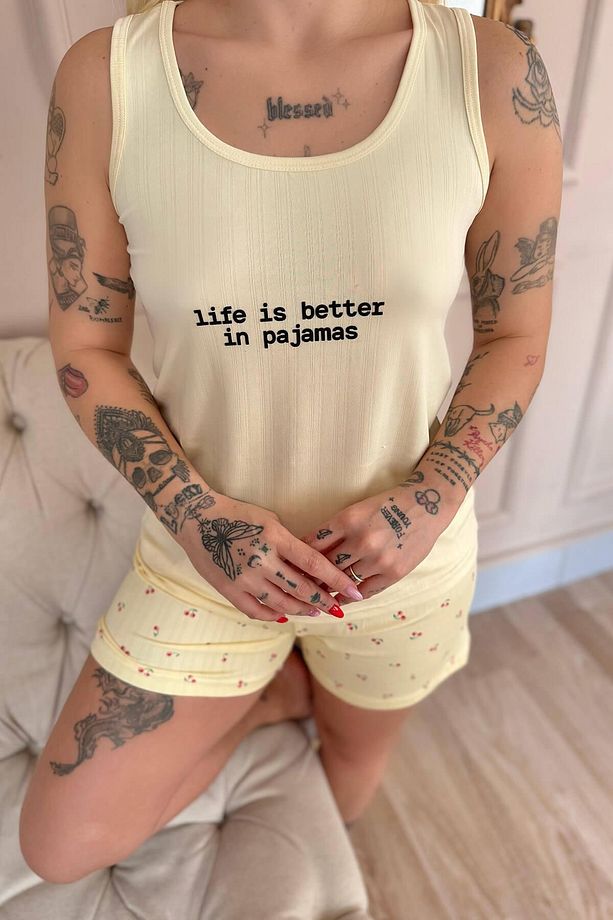 Vanilya Cherry Desenli Şortlu Marlenka Kadın Pijama Takımı - 6