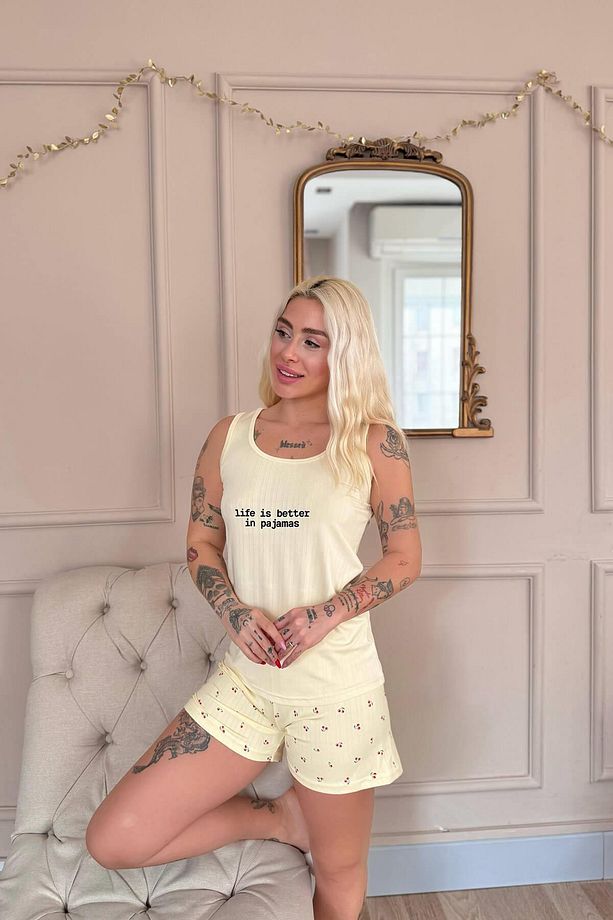 Vanilya Cherry Desenli Şortlu Marlenka Kadın Pijama Takımı - 4