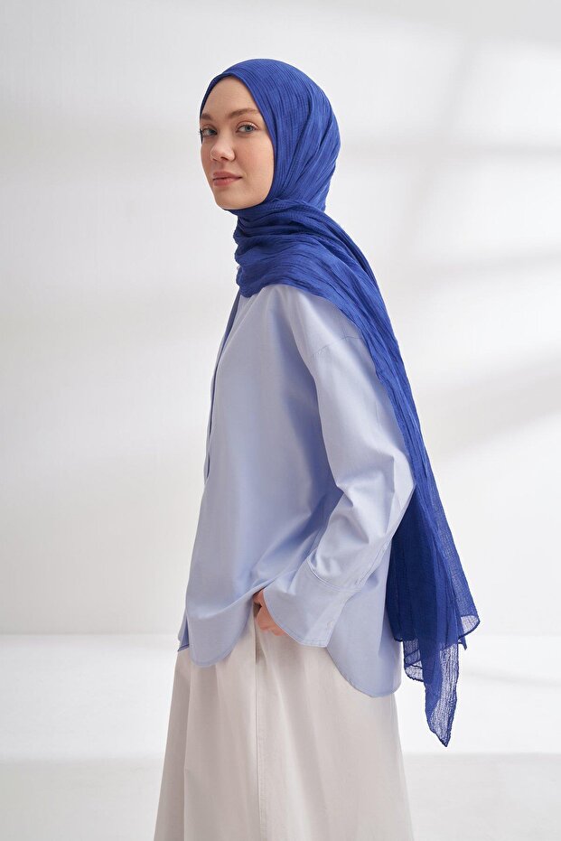 شال موسلين بنمط الشطرنج 3350-أزرق داكن - 2