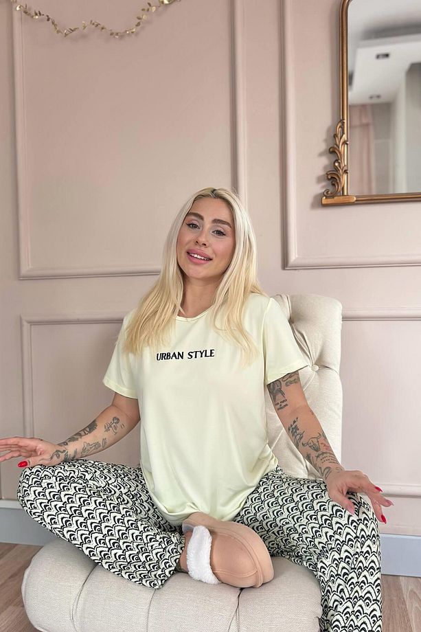 Bej Urban Style Desenli Kısa Kollu Örme Kadın Pijama Takımı - 4