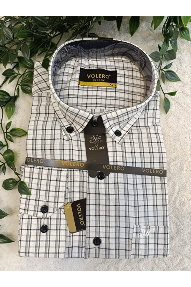 Men's Dad Summer Long Sleeve Checked/Plaid Shirt with Pockets