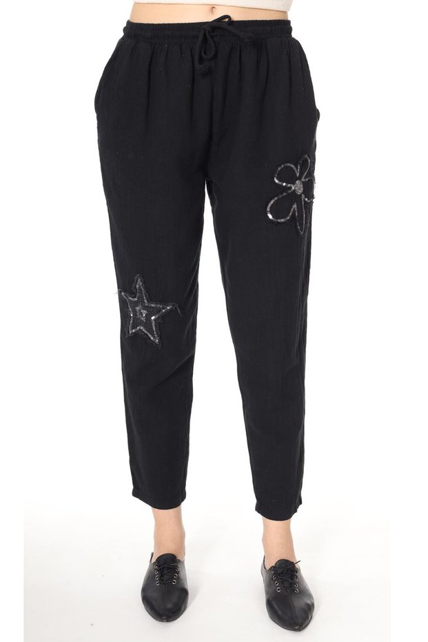 Women's Black Elastic Waist Lace up Applique Star / Daisy Patterned Carrot Linen Trousers with Side Pockets