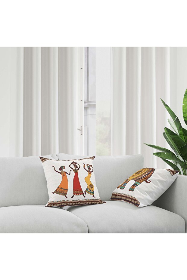 African Themed White Background Striped Elephant Woman Figured 2-Piece Throw Pillow - Pillow Case Luxury Velvet