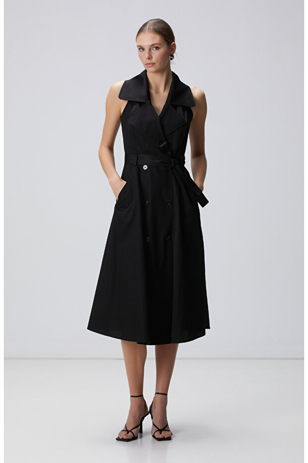 Siyah Midi Kruvaze Elbise - 1