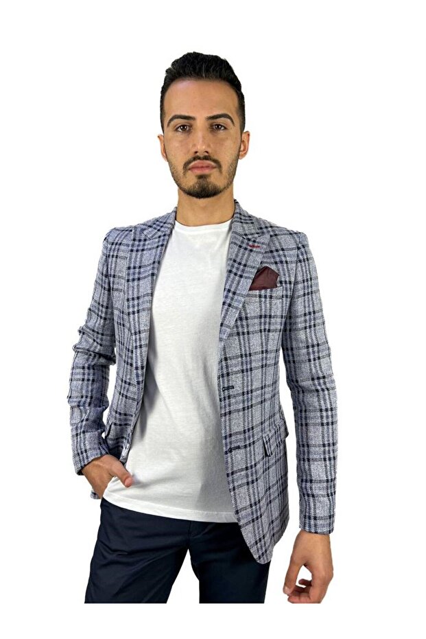 Lacivert Ekose Blazer Tek Ceket Sivri Yaka Regular Fit | Agustini - 1