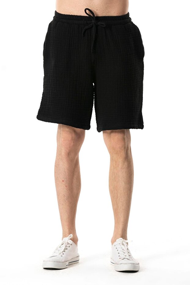 Elastic Waist Multi Above-Knee Muslin Men's Summer Shorts Black Syh