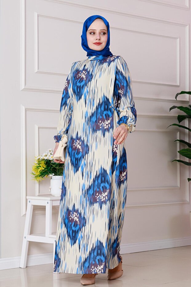 فستان صوفيا منقوش برباط جانبي - أزرق - 1