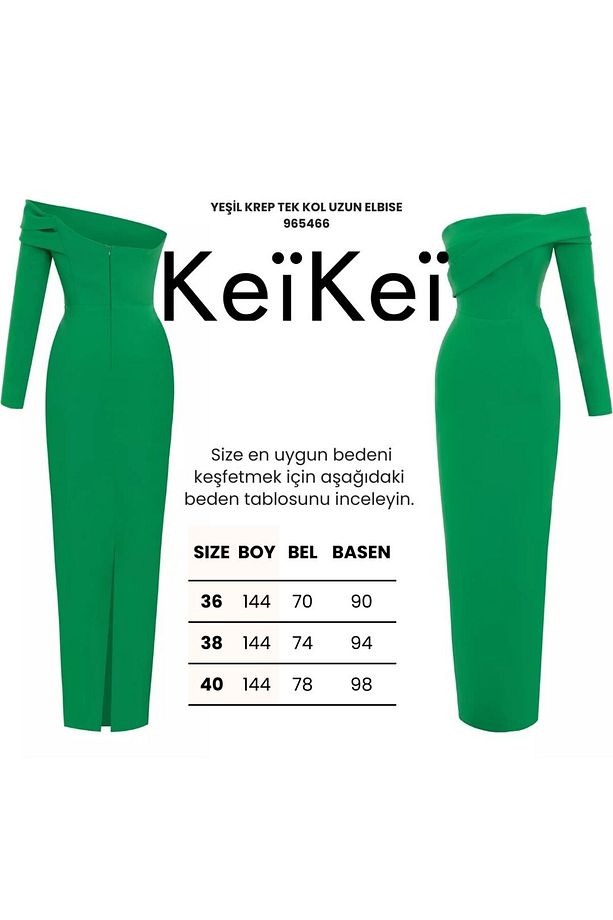 Yeşil krep tek kol uzun elbise - 3