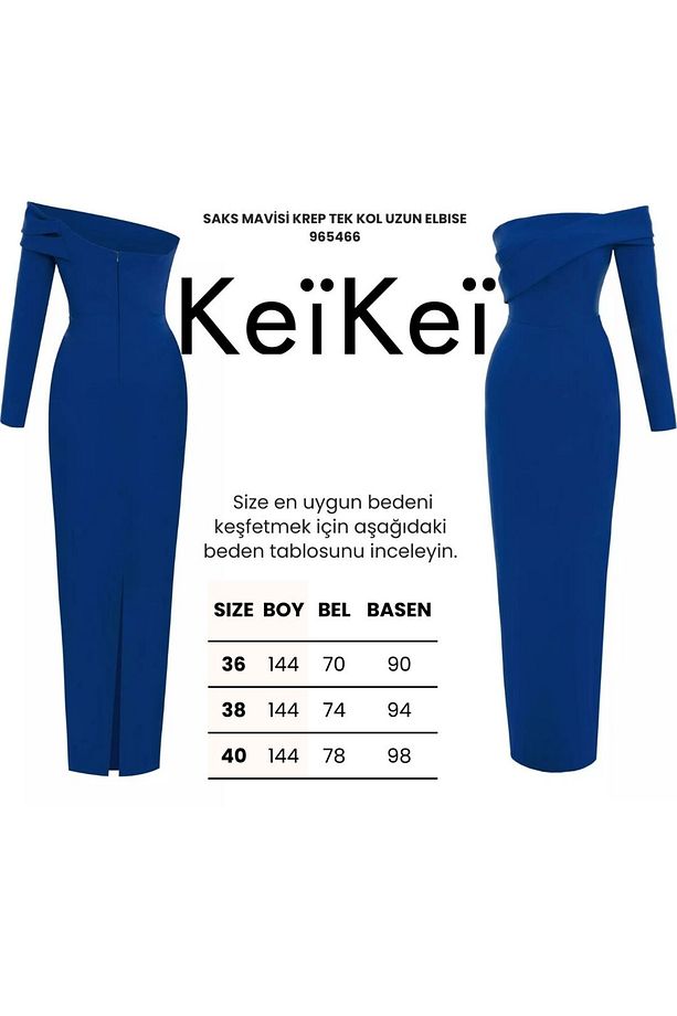 Saks mavisi krep tek kol uzun elbise - 3