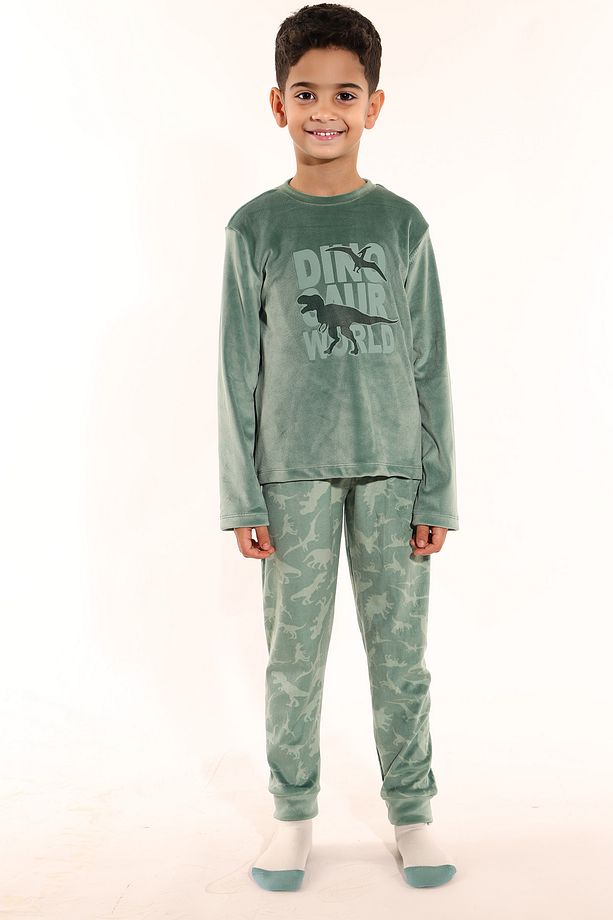 Erkek Çocuk Yeşil Super Soft Dinazor Desenli Pijama Takımı - 2
