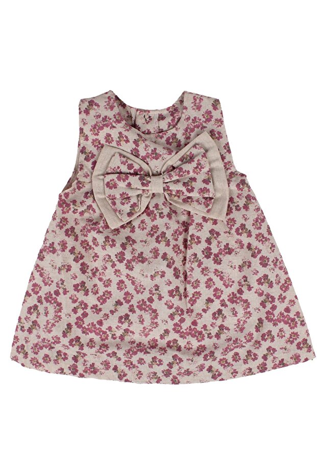 Baby Girl Beige Purple Floral Patterned Big Bow Dress