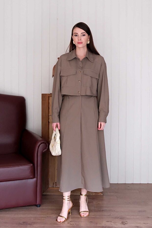 Dark Mink Polyviscon Pocket Jacket Skirt Set