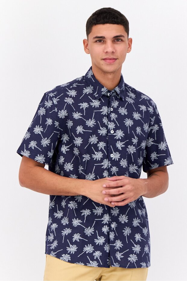 Men Regular Fit Short Sleeve All Over Printed Casual Shirt, Navy