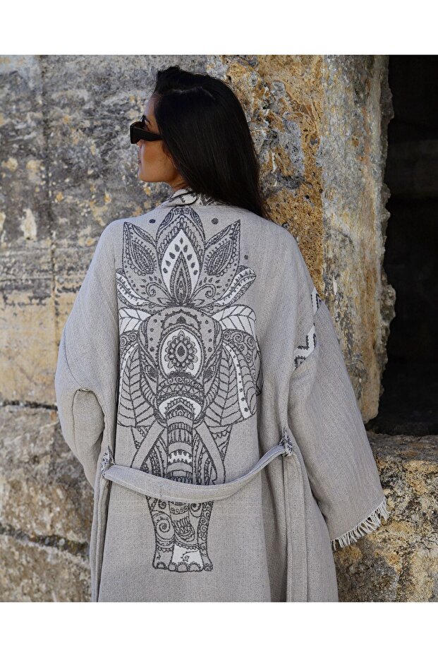 100% Cotton Muslin Woven Ethnic Elephant Pattern Kimono Robe Dressing Gown Beach Clothing