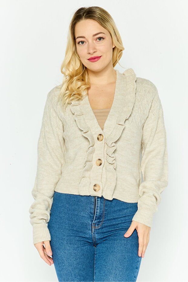 Women V-Neck Textured Cardigan, Beige