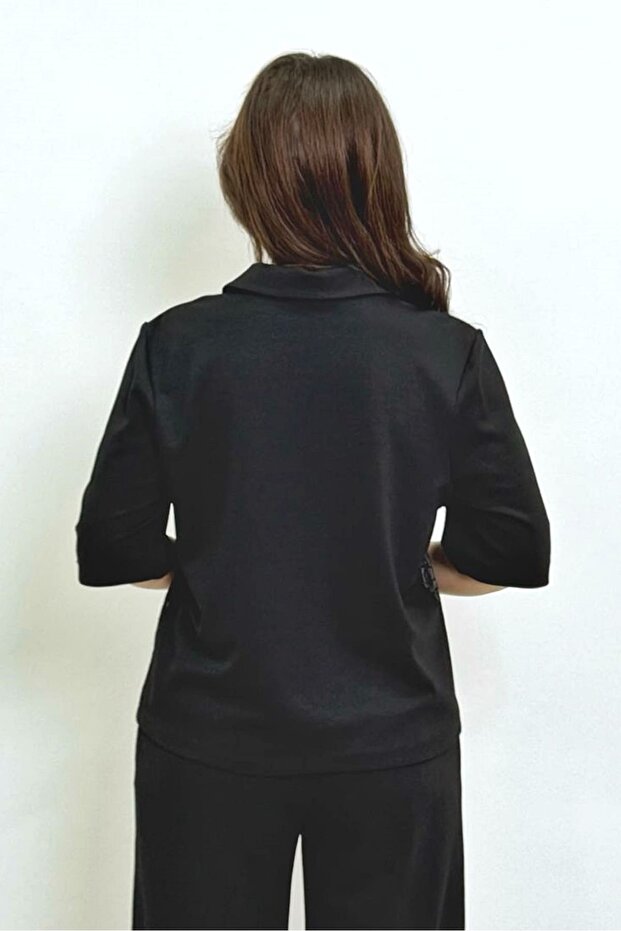 Jakar desenli yakalı örme bluz - 2