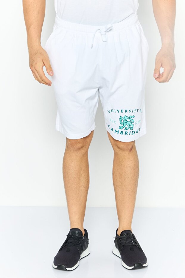 Men Drawstring Embroidered Logo Basic Shorts, White
