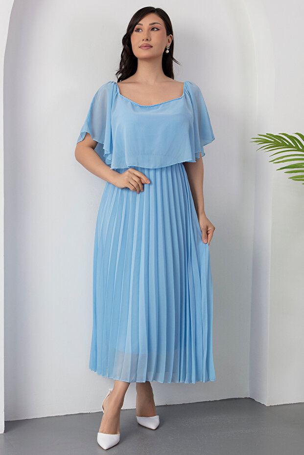 Madonna Yaka Eteği Pliseli Şifon Elbise 2025-4102 - 6