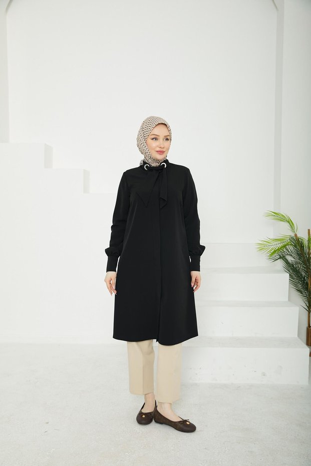 Hidden Button Collar Ribbon Detailed Tunic-Black-25Yt450