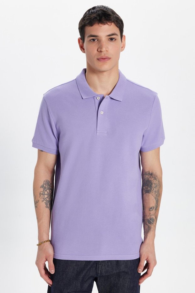 Men's Slim Fit Slim Fit 100% Cotton Lilac Polo Neck T-Shirt
