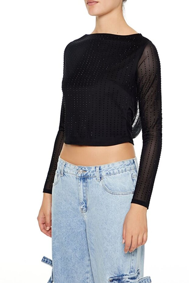 Taşlı Derin Sırt Dekolteli Bluz - 1