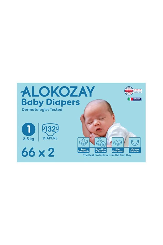 Premium Baby Diapers - Size 1 (2-5 Kg) - 66 Diapers X Pack of 2