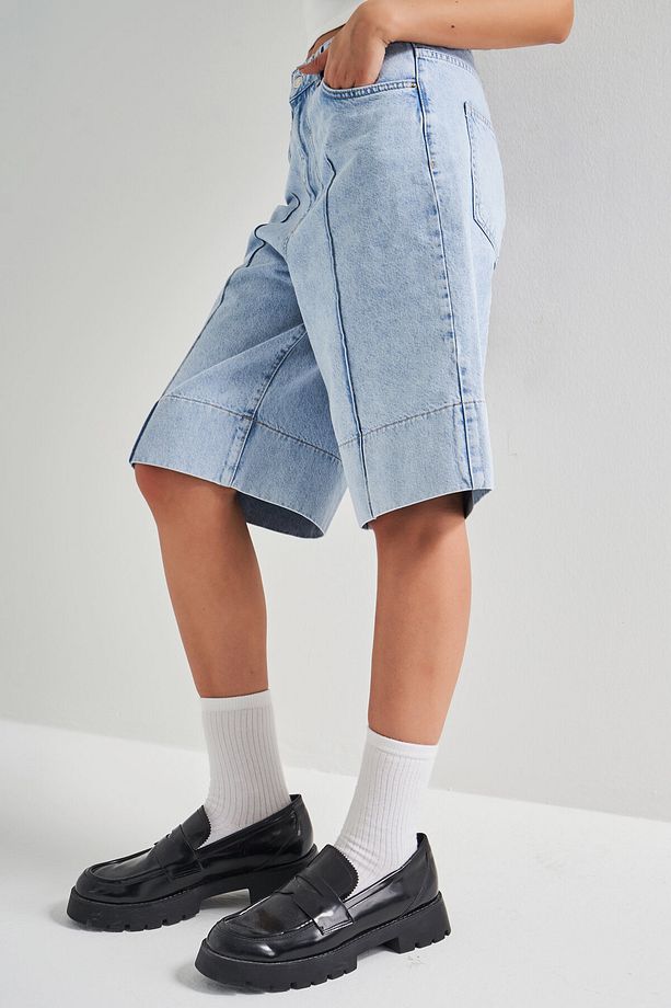 Kadın Snow Kot Rengi 3S5-3 Maxi Boy Baggy %100 Koton Denim Şort - 4