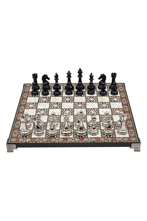 30cm Mosaic Patterned Black Silver Metal Classic Design Chess Set Decorative Gift Chess Set